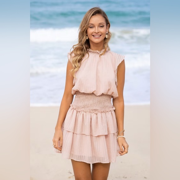 🆕 Cupshe Smocked Short Ruffle Sleeve Tiered Mini Dress Pink NWT Size large - Picture 12 of 12